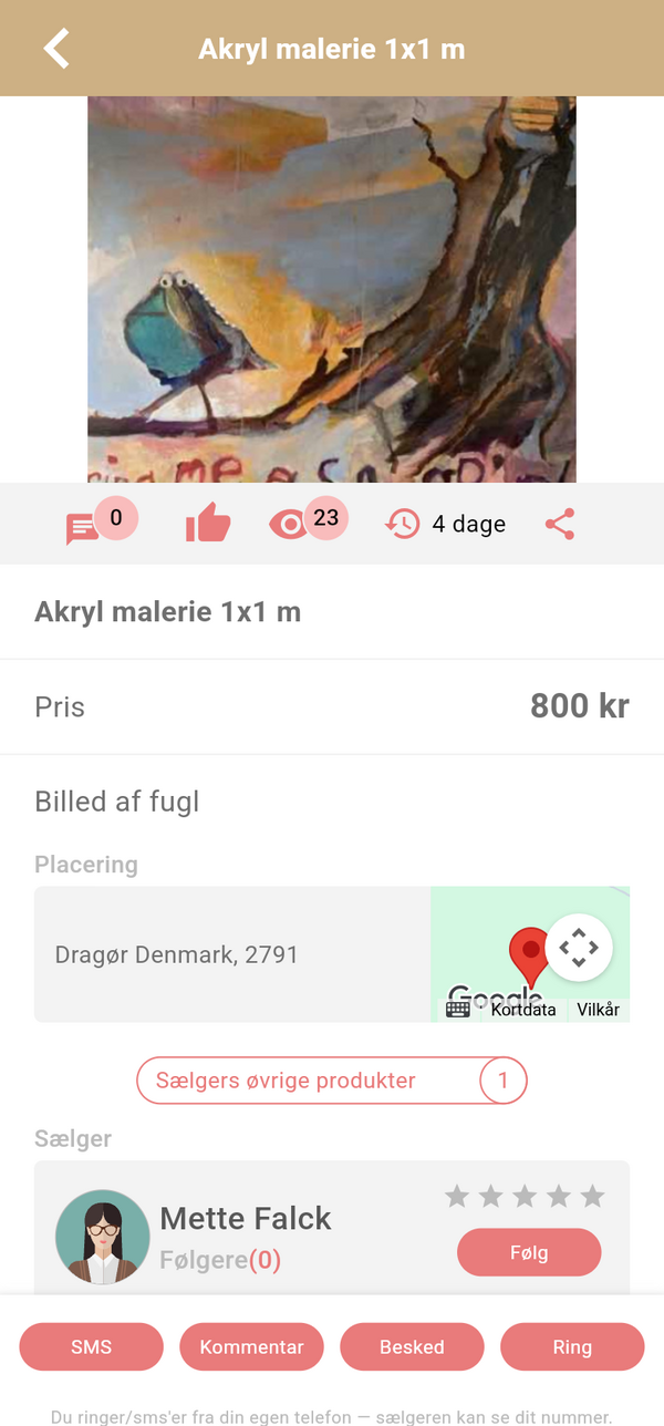 En annonce i appen: stort billede af maleriet, titel, pris, beskrivelse, sted og sælgerens profil med knapper til besked og opkald.